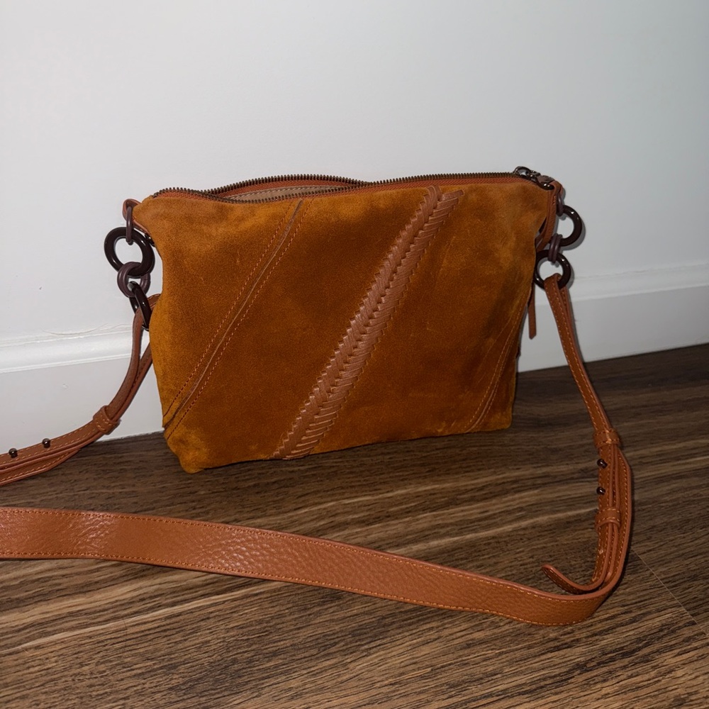 HOBO Tripp Medium Crossbody Suede with Whipstitich Cognac
